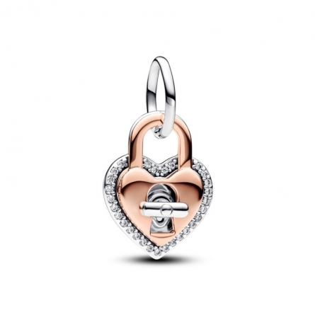 Podwójny dwukolorowy charms-zawieszka w kształcie serca z kłódką i przekręcanym kluczykiem. - 783079C01